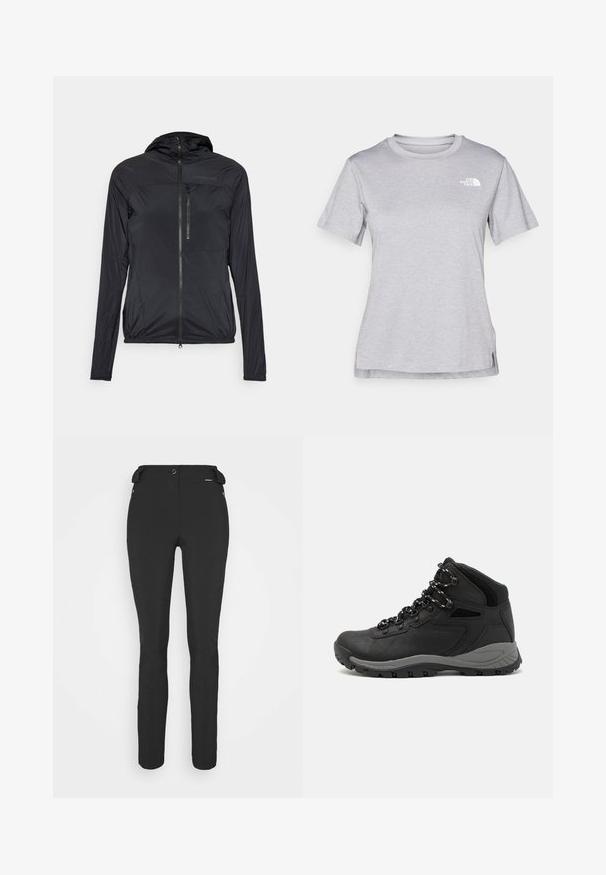 Peak Performance VISLIGHT WIND JACKET - Windbreakers - black; Grå kortærmet T-shirt lavet af blødt, fugttransporterende materiale. Har en rund hals og et lille hvidt logo øverst til venstre.; Sorte, tætsiddende bukser lavet af et fleksibelt materiale. Funktioner inkluderer en lynlåslomme i siden, artikulerede knæ og en glat tekstur.; Sort vandrestøvle med en mellem-højde design, der har en tekstureret overdel, grå detaljer og en holdbar gummisål med skridsikre klodser.