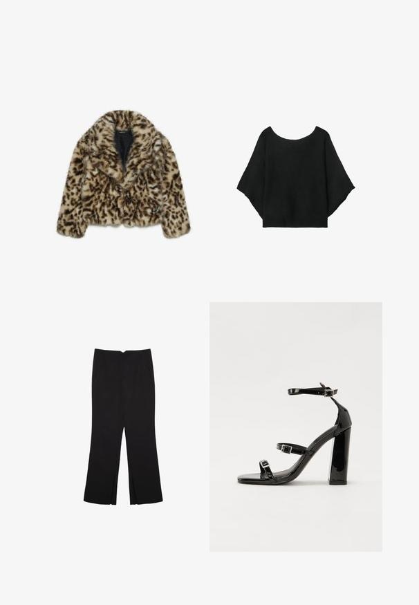 Leopardmönstrad konstpälsjacka med en kort design, breda slag och mjuk textur. Har mörkbruna fläckar på en tanbakgrund.; Svart stickad topp med vida ärmar, rundad halsringning och avslappnad passform. Tyget har en ribbad textur, utan knappar eller mönster.; Svarta byxor med rak passform, utrustade med framfickor och sidoklyvningar vid fållen. Tillverkade av mjukt, slätt tyg. Lämpliga för olika tillfällen.; Svarta lackerade klacksandaler med fyrkantig tå, ankelremmar och silverfärgade spännen. Har en kraftig blockklack för stabilitet.