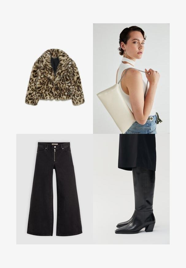 Leopardi mustriga faux karusnahk jakk lühikese disainiga, laiade kraedega ja pehme tekstuuriga. Omab tumeda pruuni täppe heleda pruunika tausta peal.; Tume mere värvitud lühike kudumipee, millel on soonikkoes tekstuur, lühikesed laiad varrukad ja ümmargune kaelus. Lihtne disain, nähtavaid mustreid ega aktsente pole.; Laiad teksad mustast denimist, millel on lukuga eesmine osa, viie taskuga disain ja peened õmblusdetailid. Sile tekstuur ja juhuslik stiil.; Mustadest nahast põlvekõrgused saapad, millel on terav nina ja ruudukujuline plokk konts, omades siledat tekstuuri ja minimalistischut disaini.; Valge ristkülikuline kotti, mis on valmistatud läikivast materjalist, hõbedase ahelsangaga. Mudel poseerib, tutvustades kotti ühtlase taustaga.