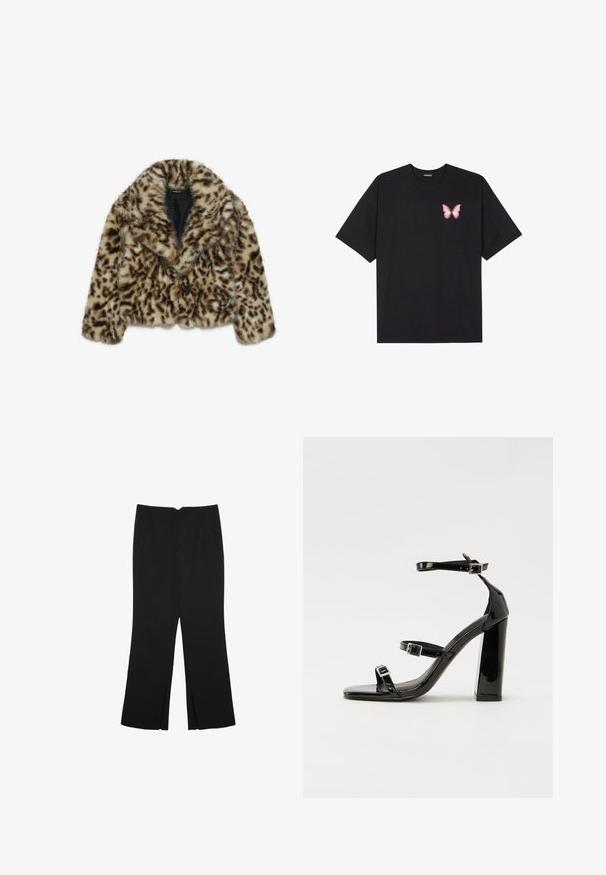 Kabát z falošnej kožušiny so leopardím vzorom, skrátený strih, široké klopy a mäkká textúra. Obsahuje tmavohnedé škvrny na pieskovom pozadí.; Čierne bavlnené tričko s krátkymi rukávmi, s malým ružovým motýlikom na ľavej hrudi. Design s okrúhlym výstrihom a uvoľneným strihom.; Čierne nohavice so strihom rovného strihu, s prednými vreckami a bočnými rozparkami na leme. Vyrobené z mäkkej, hladkej tkaniny. Vhodné na rôzne príležitosti.; Čierne lakované sandále na podpätku so štvorcovou špičkou, navlečenými remienkami okolo členku a striebornými prackami. Disponujú masívnym blokovým podpätkom pre stabilitu.