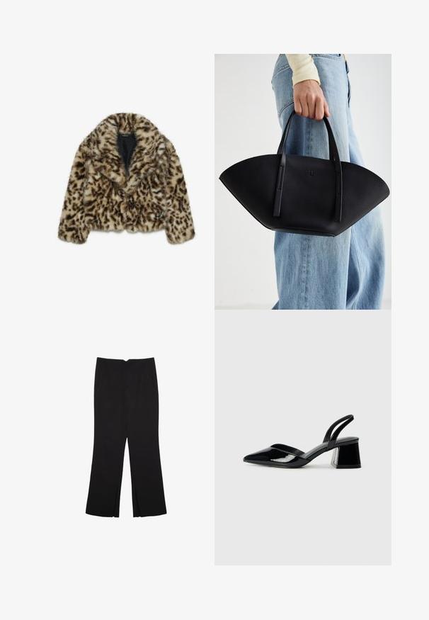 Jakke i leopardpletteret faux fur med et cropped design, brede klapper og blød tekstur. Har mørkebrune pletter på en tan baggrund.; Sort langærmet cropped top med rund halsudskæring, ensfarvet design og let buet kant.; Sorte bukser med lige pasform, der har frontlommer og slidser i kanten. Lavet af blødt, glat stof. Velegnet til forskellige anledninger.; Sorte patentlæder slingback hæle med spids tå og en geometrisk blok hæl. Har et elegant, minimalistisk design og en glat tekstur.; Sort læderhåndtaske med en unik vifteform, der har flade håndtag. Overfladen har en pebblelignende tekstur og et minimalistisk design.