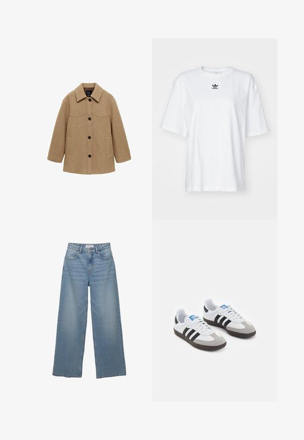 Tan wollen-blend jas met een knoopsluiting aan de voorkant, puntkraag, twee zijzakken en naden op de borst. Gekenmerkt door lange mouwen en een losse fit.; Witte korte mouwen t-shirt van katoen. Voorzien van een ronde hals en een klein zwart Adidas-logo op de borst. Rechthoekige zoom.; Lichtblauwe wijde jeans van denim. Heeft een hoge taille, vijf zakken en een rechte pasvorm met minimale vervaging.; Sportschoenen met een witte leren bovenkant, grijze suède neus en drie zwarte strepen. Bevat een blauw logo op de tong en een gestructureerde rubberen zool.