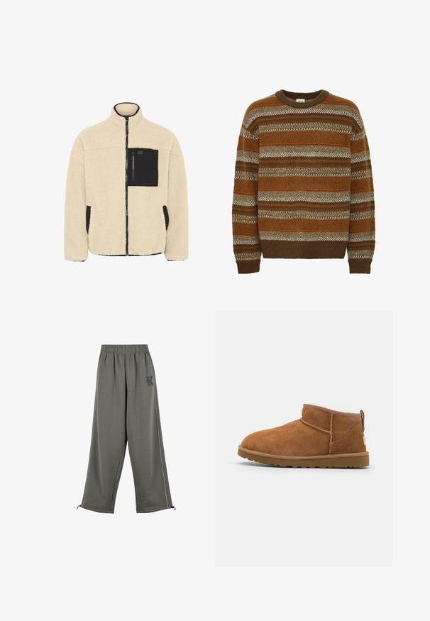 Beige fleece jack met volledige ritssluiting en zwarte accent, borstzak met rits, en zijzakken met zwarte randen, met een staande kraag.; Solid SDMAXWELL - Trui - slate black; Karl Kani KK OS SIDESTRIPE - Broek - grey; Tan suède enkellaars met een ronde neus, subtiele stiksels en een gestructureerde rubberen zool. Korte hoogte zonder veters.