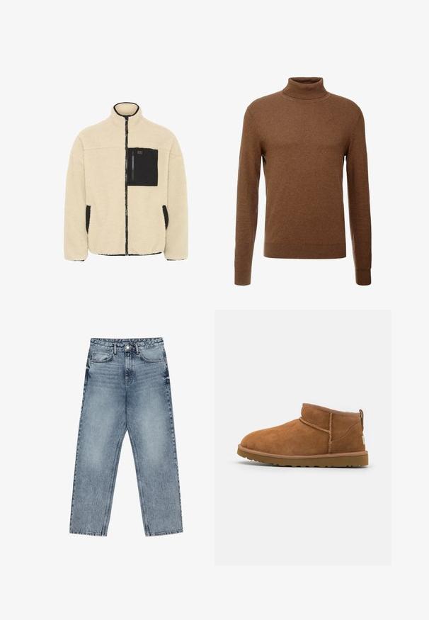 Jachetă din fleece bej cu fermoar complet, cu bordură neagră, buzunar pe piept cu fermoar și buzunare laterale cu bordură neagră, având un guler înalt.; Pulover cu guler înalt, de culoare maro, realizat dintr-un material moale, cu mâneci lungi, mansete cu un model texturat și un design ajustat, fără motive vizibile.; Jeans din denim de culoare albastru deschis, cu croială dreaptă, cusături vizibile, design cu cinci buzunare și închidere cu nasture la talie.; Botină antrenașă din suede bej, cu vârf rotund, detalii subtile de cusătură și o talpă din cauciuc texturată. Înălțime scurtă fără șireturi.