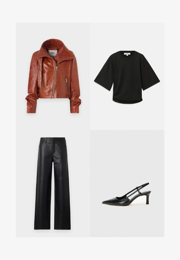 Hnedá kožená skrátená bunda s vysokým golierom, so zipsovými uzávermi a zakriveným dizajnom. Hladká textura s akcentovanými kovovými detailmi.; Čierne tričko s krátkym rukávom vyrobené z mäkkej bavlny, s okrúhlym výstrihom a voľným strihom s jemným zberaním na boku.; Čierne kožené nohavice s širokými nohavicami a hladkou textúrou, s prednými vreckami, zapínaním na gombík a jemnými švovými detailmi.; Čierne patentové slingback topánky na ihlovom podpätku s špicatou špičkou, s textúrovaným hadím vzorom, nastaviteľným popruhom a krátkym, textúrovaným blokovým podpätkom.