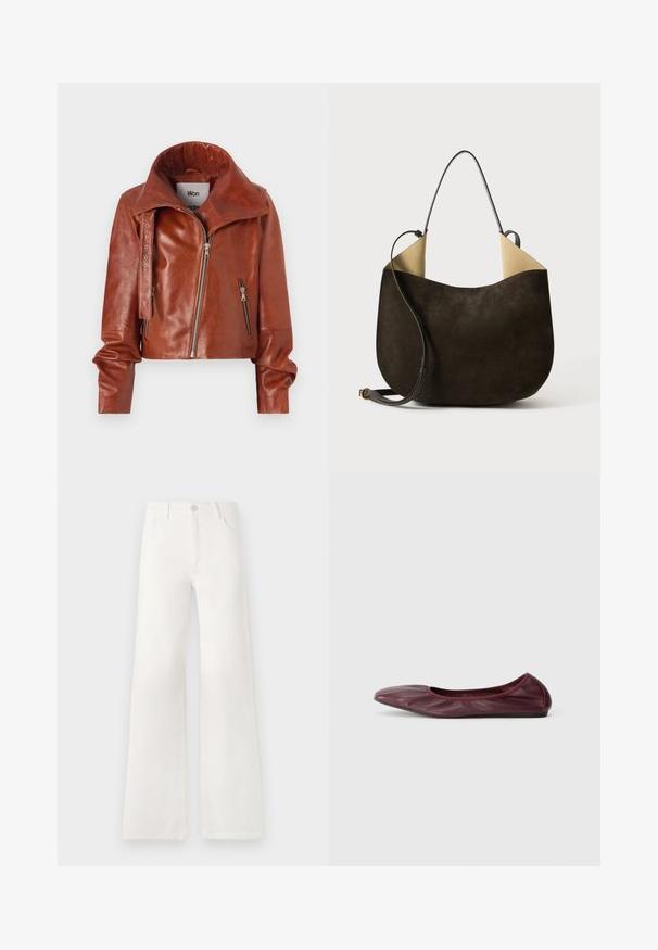 Brown leather cropped jacket with a high collar, featuring zip closures and a curved design. Smooth texture with accent hardware details.; Long-sleeve gray ribbed knit top, round neckline, fitted silhouette, smooth texture, with no visible logos or embellishments.; White, high-waisted wide-leg jeans made of denim. Features a button closure, two front pockets, and side seams with stitching details.; Ballet flat in deep burgundy leather, featuring a rounded toe, elasticized rim, and smooth texture with subtle pleating detail.; Dark brown suede handbag with a smooth texture, a minimalist design, and contrasting light-colored interior. Features a long leather strap.