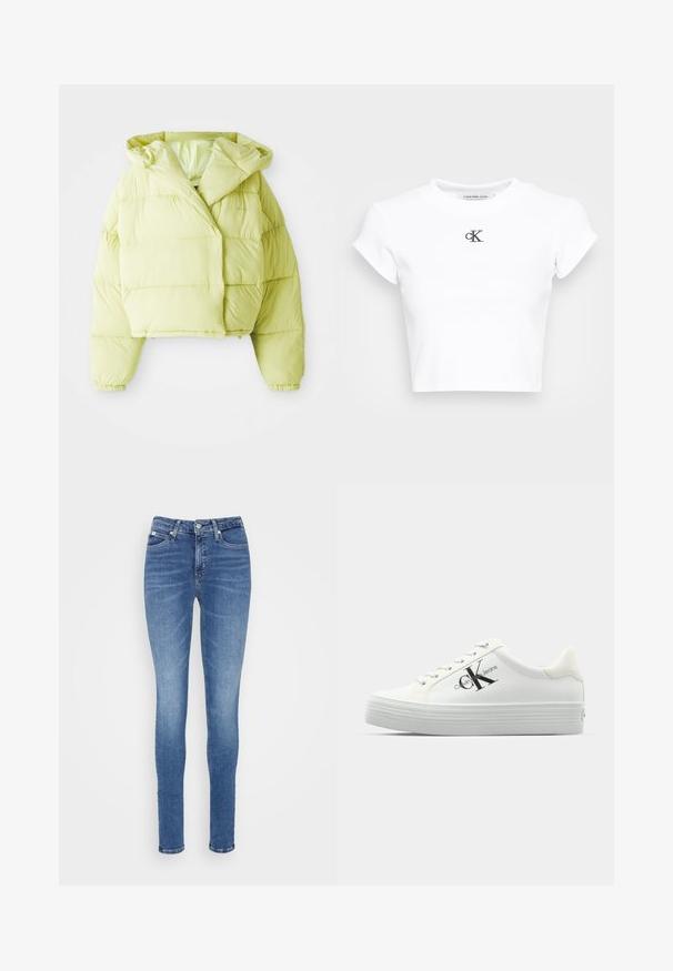 Ανοιχτό κίτρινο κοντό μπουφάν με κουκούλα, με οριζόντιες ραφές, ελαστικούς σφιγκτήρες στους καρπούς και λεία, στιλπνή υφή.; Λευκό κοντό μπλουζάκι από ριχτό ύφασμα. Διαθέτει στρογγυλή λαιμόκοψη και κοντά μανίκια. Μαύρο κεντημένο λογότυπο "cK" στο στήθος.; Λεπτά τζιν σε μεσαίος μπλε τζιν, με ψηλή μέση, λείο ύφασμα, δύο μπροστινές τσέπες και μία πίσω τσέπη.; Λευκά πλατφόρμα sneakers με λείο συνθετικό πάνω μέρος, τονισμένα κορδόνια και μαύρο λογότυπο. Η ανυψωμένη καουτσούκ σόλα διαθέτει οριζόντιες ραβδώσεις για καλύτερη πρόσφυση.