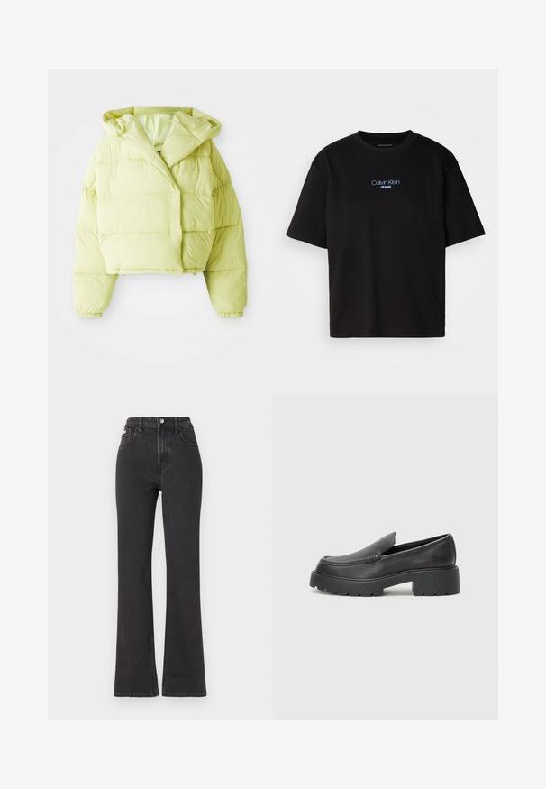Helle gelbe, kurz geschnittene Pufferjacke mit Kapuze, die horizontal gesteppt ist, elastische Bündchen hat und eine glatte, glänzende Textur aufweist.; Schwarzes Baumwoll-T-Shirt mit Rundhalsausschnitt, kurzen Ärmeln und blau gesticktem "Calvin Klein JEANS"-Logo auf der Vorderseite.; Schwarze, hochgeschnittene Schlagjeans aus Denim mit Knopfverschluss, Gürtelschlaufen und seitlichen Taschen. Glatte Textur mit minimaler Ausbleichung.; Schwarze Lederloafer mit einer abgerundeten Spitze, dicker strukturierten Laufsohle und minimalen Nähten. Schlankes Design ohne sichtbare Schnürsenkel oder Beschläge.