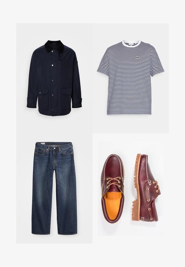 Tumesinine jakk, millel on korgitud kaelus, esimesed nööbid ja kaks suurt taskut. Omab mansettide detaili struktureeritud istuvuse saavutamiseks.; Tumesinine ja valge triibuline puuvillane t-särk ümmarguse kaela ja lühikeste varrukatega. Ees on väike roheline krokodilli logo.; Tumedast sinisest denimist valmistatud sirge lõikega teksad, viie taskuga disain, metallist nööp ja tõmblukk, ning peened kulumisjäljed.; Burgundia nahkkingad pruunide kummitaldadega, ümmarguse varbaga, valge tikandi ja kuldsete silmadega. Siseosa on kollase voodriga.