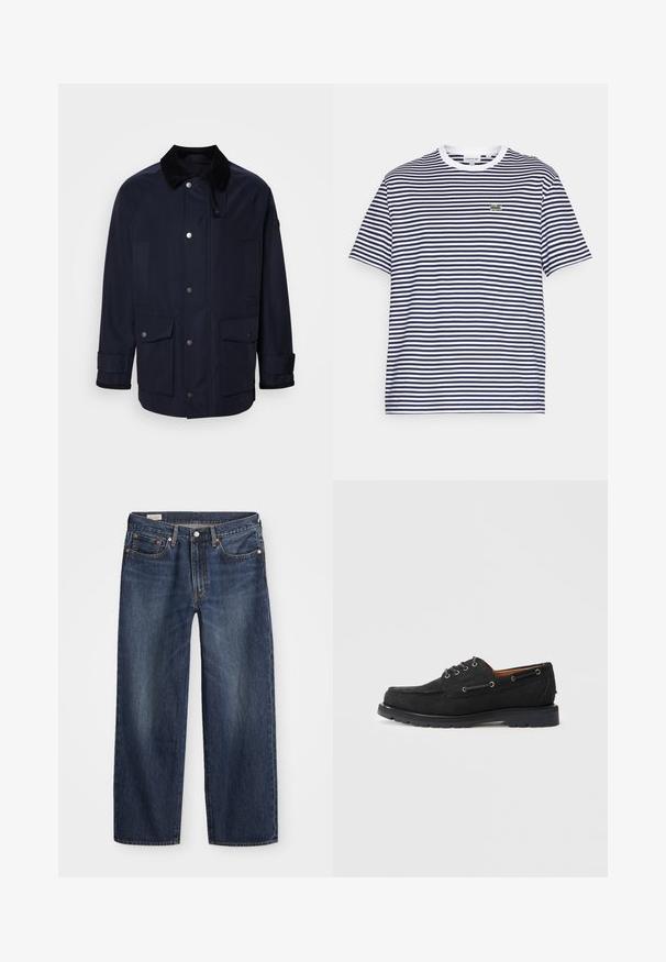 Jachetă bleumarin cu guler din catifea, închidere cu clipsuri frontale și două buzunare mari tip patch. Prezintă detalii la manșete pentru o ajustare structurată.; Tricou din bumbac în dungi bleumarin și alb, cu guler rotund și mâneci scurte. Are un mic logo verde în formă de crocodil pe piept.; Jeans din denim de culoare albastru închis, cu o croială dreaptă, design cu cinci buzunare, nasture metalic și fermoar, și modele subtile de uzură.; Pantofi de bărbați din suede negru, tip mocasin, cu sistem de închidere cu șireturi, ochiuri din metal, cusături contrastante și talpă din cauciuc rugged pentru aderență.