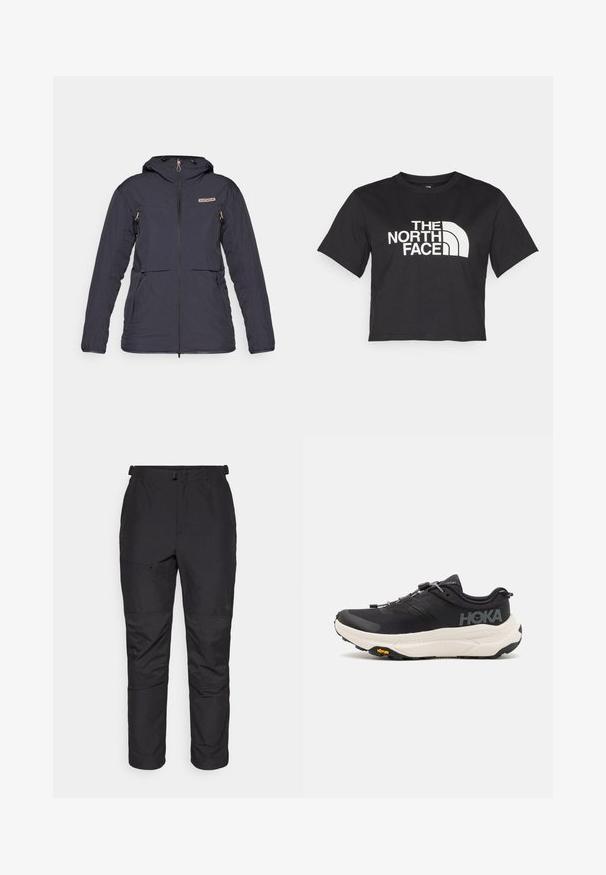 Σκούρο γκρι μπουφάν με μόνωση, που διαθέτει κλείσιμο με φερμουάρ, δύο μπροστινές τσέπες, κουκούλα και μία διακριτική υφή στο ύφασμα.; Μαύρο κοντό μπλουζάκι φτιαγμένο από βαμβάκι, με λευκό λογότυπο με καμπυλωτές λεπτομέρειες και κείμενο "THE NORTH FACE" στο μπροστινό μέρος. Κοντά μανίκια, στρογγυλή λαιμόκοψη.; Μαύρο παντελόνι εξωτερικού χώρου κατασκευασμένο από ελαφρύ υλικό, με λεία υφή, ελαστική μέση, τσέπη με φερμουάρ και πάνελ λεπτομέρειας στα κάτω άκρα.; Μαύρα αθλητικά παπούτσια με άνω μέρος από αναπνεύσιμο διχτυωτό υλικό, καουτσούκ σόλα, λευκή ενδιάμεση σόλα με απορρόφηση κραδασμών και ανακλαστικά κορδόνια. Λογότυπο Vibram στη σόλα.