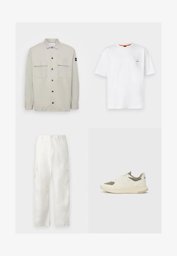 Calvin Klein Viegla jaka - london fog; Baltas kokvilnas T-krekls ar īsām piedurknēm, apaļu kakla izgriezumu, ar mazu melnu logotipu kreisajā krūtī un oranžu akcentu iekšpusē kaklā.; Baltas kokvilnas kravas bikses ar taisna griezuma dizainu, divām sānu kabatām un divām kravas kabatām uz augšstilbiem.; Baltas un gaiši bež sporta apavi, ar sieta augšdaļu, perforētiem detaļām un teksturētu vidusdaļu ar zīmolu uz papēža.