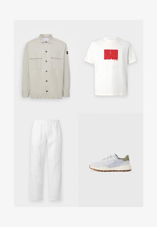 Calvin Klein Übergangsjacke - london fog; Weißes Baumwoll-T-Shirt mit einem großen roten Graf print von "CALVIN KLEIN" auf der Vorderseite, Rundhals und kurzen Ärmeln.; Weiße Leinenhose mit elastischem Bund, geradem Bein und weicher Textur ohne sichtbare Muster oder Verzierungen.; Lacoste ELITE ACTV EVO 225 - Sneaker low - light grey/khaki