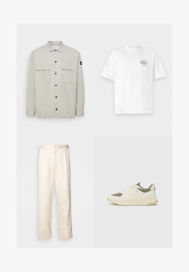 Calvin Klein Übergangsjacke - london fog; Weißes Baumwoll-T-Shirt mit kurzen Ärmeln, Rundhalsausschnitt, mit einem schwarzen CK-Logo im linken Brustbereich, normale Passform, glatte Textur.; Beige Baumwollhose mit geradem Bein, ausgestattet mit einem Knopfverschluss und Falten an der Vorderseite für zusätzliche Details.; Weiße und hellbeige Sport Sneakers, ausgestattet mit einem Obermaterial aus Netzgewebe, perforierten Details und einer strukturierten Zwischensohle mit Branding an der Ferse.