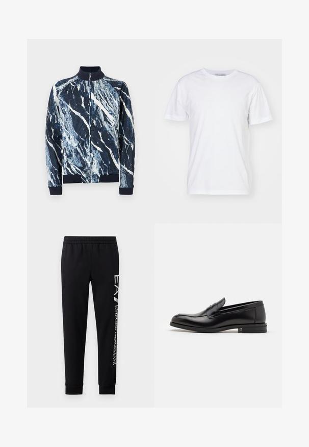Roberto Cavalli MARBLE TECH TRACK - Poletna jakna - blue; Bela bombažna majica s krojem okroglih izrezov, kratkimi rokavi in ravnim krojem. Brez vzorcev ali okrasnih elementov, gladka tekstura in enostaven dizajn.; Črne trenirke iz mešanice bombaža, ki imajo elastičen pas, zožane hlačnice, rebraste manšete in bel natis logotipa ob strani.; Črne usnjene loafer čevlje z gladko teksturo, zaobljenim nosom in dekorativnim trakom čez zgornji del. Nizka zložena peta, minimalističen dizajn.