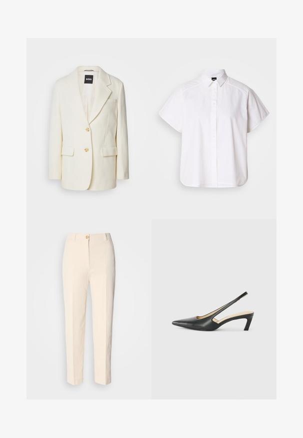 Blazer bianco realizzato in tessuto testurizzato, con rever a punta, due tasche frontali e bottoni dorati. Design semplice ed elegante con una vestibilità su misura.; Camicia bianca a maniche corte con colletto a punta e orlo curvo. Realizzata in cotone con una texture liscia e senza motivi visibili.; Pantaloni color crema a vita alta realizzati in un tessuto testurizzato. Presentano una chiusura frontale con bottone e gambe affusolate.; Scarpa slingback nera con punta affilata e tacco basso, realizzata in pelle liscia e con un design a taglio laterale per favorire la traspirabilità.