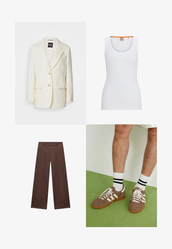 White blazer made from textured fabric, featuring a notched lapel, two front pockets, and gold buttons. Simple, elegant design with a tailored fit.; White ribbed tank top with a round neckline, featuring a contrasting orange accent on the inner collar and fitted silhouette.; Brown wide-leg trousers made of soft fabric, featuring a flat front with a waistband and pleated detailing for added texture.; Brown suede sneakers with white accents and laces. Rubber gum sole. Worn with white socks featuring black stripes. Green textured flooring.