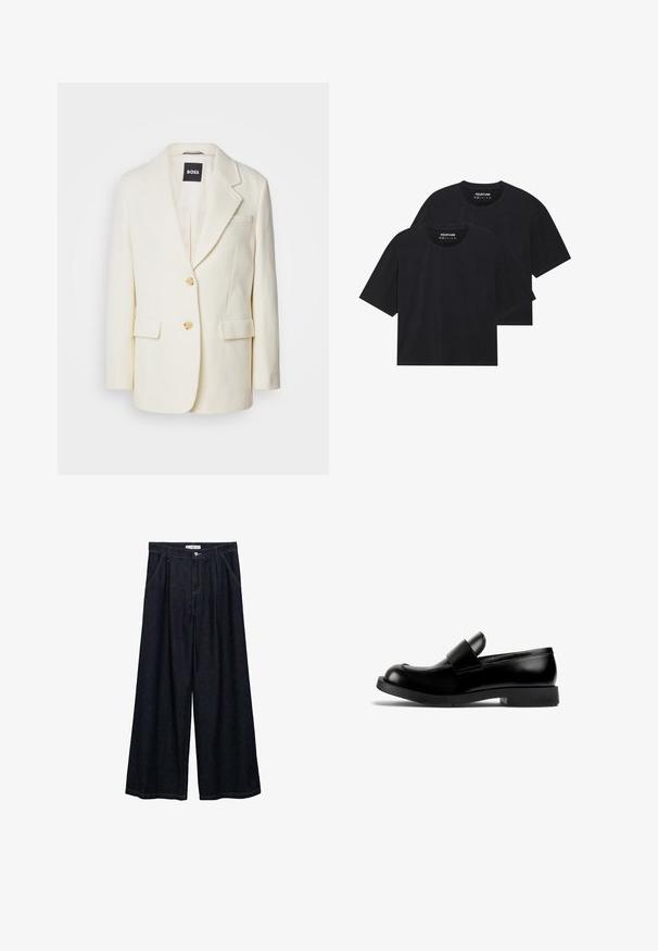 Weißer Blazer aus strukturiertem Stoff, mit einem Reverskragen, zwei Fronttaschen und goldenen Knöpfen. Schlichtes, elegantes Design mit taillierter Passform.; Schwarze Baumwoll-T-Shirts in lockerer Passform, mit kurzen Ärmeln und rundem Halsausschnitt. Zwei Stücke gezeigt, mit glatter Textur.; Dunkelblaue, weite High-Waist-Hosen aus Denim mit einem Knopfverschluss vorne, zwei Seitentaschen und Nähdetails.; Schwarze Lederlofer mit runder Zehenform, flacher Gummisohle und einem auffälligen Riemendetail über dem Vorderblatt. Glatte Textur, minimalistisches Design.