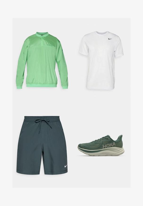 Light green pullover jacket with a mandarin collar, elastic waistband, long sleeves, and branding on the chest. Smooth, lightweight fabric.; White short-sleeve t-shirt made of smooth fabric. Features a round neck and a small black Nike logo on the left chest.; Men's athletic shorts, made of dark green lightweight fabric, featuring an elastic waistband with a drawstring and a small white logo.; Green athletic shoe with mesh upper, padded collar, thick white midsole, and rubber outsole; features "HOKA" logo on the side.