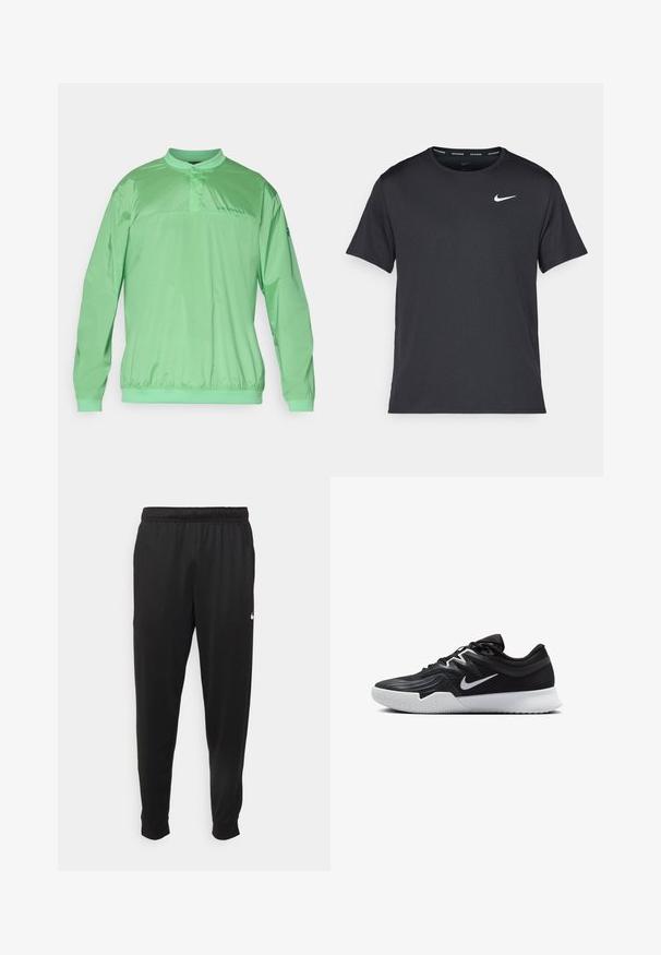 Lichtgroene pulloverjack met een Mandarin-kraag, elastische tailleband, lange mouwen en merklogo op de borst. Gladde, lichte stof.; Zwarte Nike hardloop T-shirt gemaakt van lichtgewicht, ademend materiaal, met korte mouwen en een klein wit logo op de borst.; Zwarte sportbroek gemaakt van gladde stof, met een elastische tailleband, taps toelopende pijpen en een klein wit logo aan de linkerzijde.; Zwarte sportieve schoen met een gestructureerde bovenkant, witte Nike swoosh en een witte rubberen zool. Beschikt over een veterontwerp en een dynamische vorm.