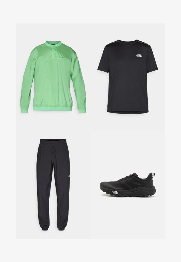 Helle grüne Pulloverjacke mit Stehkragen, elastischem Taillenbund, langen Ärmeln und Branding auf der Brust. Glattes, leichtes Material.; Schwarzes T-Shirt mit kurzen Ärmeln aus leichtem Stoff. Mit einem kleinen weißen Logo auf der linken Brust und dezenten Akzenten an den Schultern.; Schwarze Sporthosen aus leichtem Stoff, mit einem Kordelzugbund, seitlichen Taschen und schmal zulaufenden Bündchen an den Knöcheln.; Schwarzer Trailrunning-Schuh mit strukturiertem Obermaterial, Gummisohle und verstärkter Zehenkappe. Verfügt über einen gepolsterten Kragen und eine Ziehlasche für einfaches Anziehen.