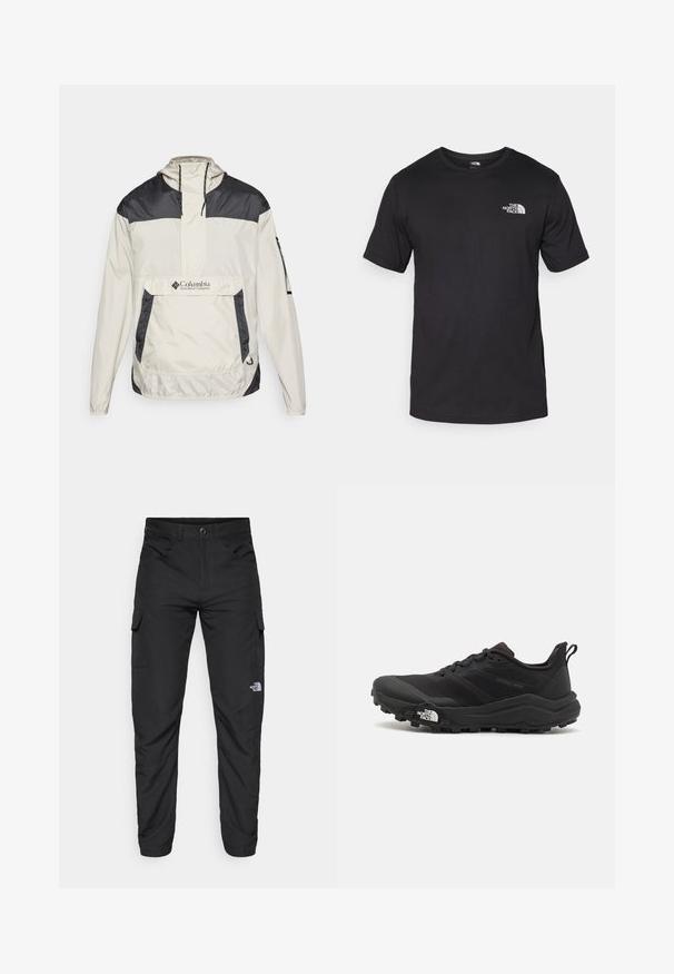 Columbia CHALLENGER™ - Neperpučiamoji striukė - dark stone, shark; Juodas trumpas rankovės marškinėliai, pagaminti iš medvilnės, su apvaliu kaklu ir mažu baltu logotipu viršutiniame kairiajame krūtinės kampe.; The North Face HORIZON PANT - Lauko kelnės - black; Juoda bėgimo batai su tekstūruotu paviršiumi, guma padais ir sustiprinta pirštų dalimi. Yra paminkštinta apykaklė ir kilpos, leidžiančios lengvai užsidėti.