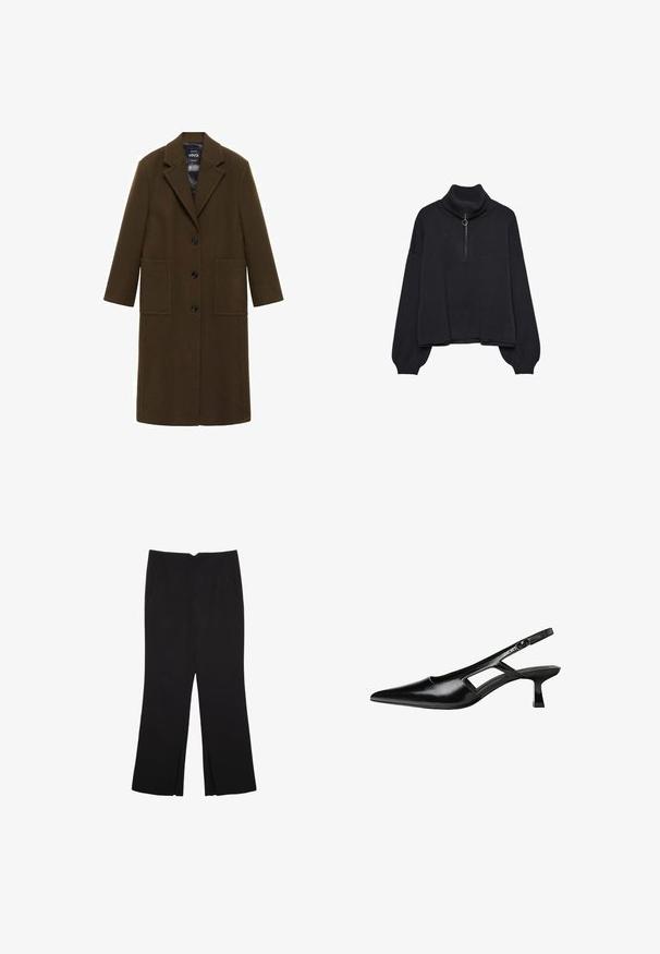 Olive zelena plašč iz volnene mešanice z žepnim ovratnikom, sprednjim gumbom in dvema velikima žepoma; gladka tekstura in dolgi rokavi.; Črn pulover s polo zadrgo, prevelikimi rokavi in nežno teksturo. Ima rebrovan ovratnik in rob. Minimalističen dizajn.; Črne hlače ravnega kroja z naglavnimi žepi in stranskimi razporki na robu. Narejene iz mehke, gladke tkanine. Primerne za različne priložnosti.; Črne patentični usnjeni salonarji s slingback designom, z zašiljenim nosom, izrezanim stranskim dizajnom in majhnim kvadratnim peto. Gladka tekstura z minimalnimi detajli.
