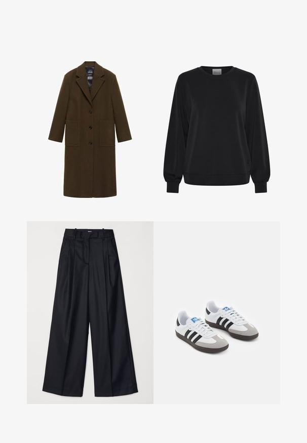 Olivovo zelený kabát z vlnenej zmesi s vykrojeným golierom, predným zapínaním na gombíky a dvoma veľkými vreckami; hladká textúra a dlhé rukávy.; Čierna mikina s dlhými rukávmi, okrúhlym výstrihom a rebrovanými manžetami. Má hladkú textúru a jemný detail loga vpredu.; Čierne široké nohavice vyrobené z hladkej tkaniny, so zvýšeným pásom, plisovaním a strihom na mieru. Jednoduché čierne kovanie v oblasti pásu.; Športové topánky s bielym koženým zvrškom, šedou semišovou špičkou a tromi čiernymi pruhmi. Obsahujú modré logo na jazyku a štruktúrovanú gumovú podrážku.