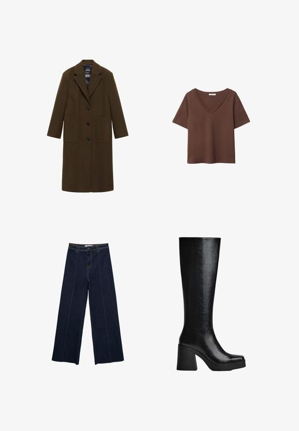 Oliivivihreä villasekoite takki, jossa on lovettu kaulus, etnappisulku ja kaksi suurta taskua; sileä pinta ja pitkät hihat.; Ruskea puuvillapaita, jossa on lyhyet hihat ja syvä V-kaula-aukko. Yksinkertainen muotoilu, pehmeä rakenne ja suora helma. Ei kuvioita tai yksityiskohtia.; Tumma farkut, joissa on leveät lahkeet, kontrastivärinen ommel, korkea vyötärö ja suora leikkaus. Ominaisuuksiin kuuluvat etutaskut ja klassinen nappikiinnitys.; Mustat polven yläpuolelle ulottuvat saappaat, jotka on valmistettu muotoilleusta synteettisestä materiaalista. Niissä on neliömäinen kärki, paksu korkea kanta ja sileä, kiiltävä pinta.