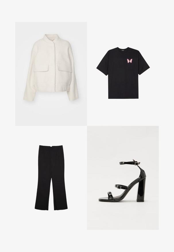 White cropped jacket with a textured wool blend, features a mandarin collar and two front flap pockets. Simple and modern design.; Black cotton t-shirt with short sleeves, featuring a small pink butterfly graphic on the left chest. Crew neck design with a relaxed fit.; Black trousers with a straight fit, featuring front pockets and side slits at the hem. Made of soft, smooth fabric. Suitable for various occasions.; Black patent heeled sandals with a square toe, ankle straps, and silver buckles. Features a chunky block heel for stability.