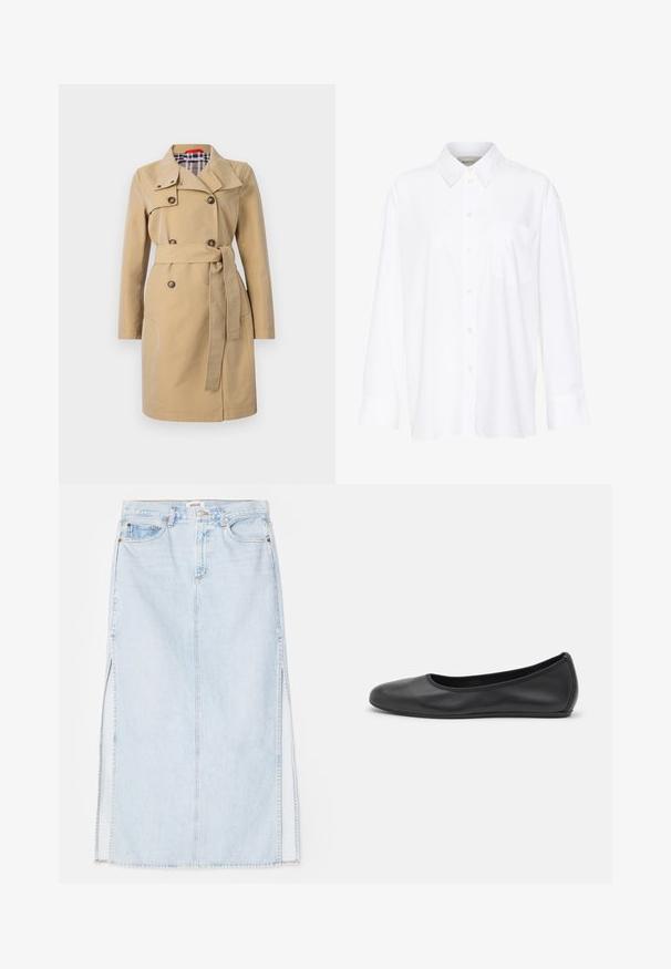 Béžový trenčkot s límečkem, dvouřadým zapínáním, předními kapsami a páskem. Podšitý kostkovaným vzorem v odstínech modré a bílé.; Bílá košile s dlouhým rukávem a límečkem vyrobená z bavlny. Má knoflíkovou přední část a jedno kapsičku na prsou. Hladký povrch, volný střih.; Světle modrá denimová maxi sukně se střihém do tvaru A, která má boční rozparky a design s pěti kapsami. Výrazné švy a kovové zapínání na knoflík.; Černé kožené baletní byty s kulatou špičkou, hladkou texturou, minimálními švy a flexibilním designem podrážky.