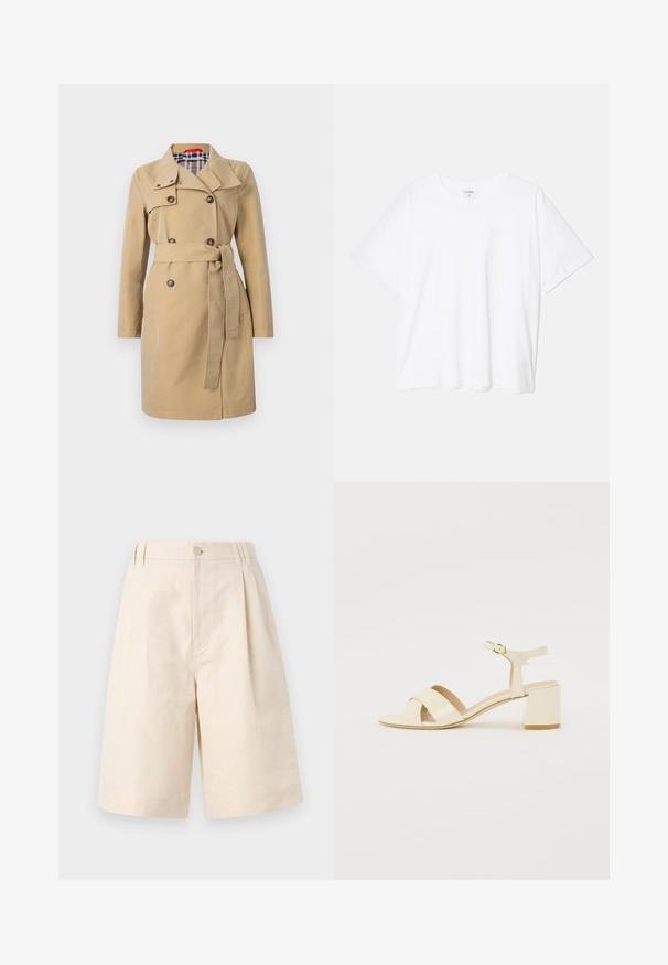 Bež baloner s ovratnikom, dvostrukim kopčanjem sprijeda, prednjim džepovima i remenom. Podstavljen s kariranim uzorkom u nijansama plave i bijele boje.; Bijela pamučna majica s kratkim rukavima, okruglim izrezom, opuštenim krojem i šivenim rubom. Etiketa je vidljiva na unutarnjoj strani vrata.; Bež lanene kratke hlače s opuštenim krojem, koje imaju zatvaranje na dugme, nabran dizajn i dužinu do koljena. Glatka tekstura i jednostavan stil.; Bež sandale od lakirane kože na visokoj peti s dizajnom preklopnog remena, otvorenim prstima, podesivim remenom oko gležnja i blok petom. Glatka tekstura.