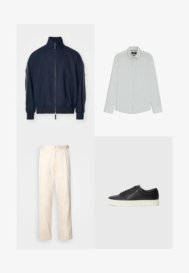 Navy blue bomber jacket with high collar, zip closure, side pockets, and contrasting white stripes along the sleeves. Smooth texture.; White long-sleeve shirt with a classic collar, button front, and soft texture. Features subtle sheen and tailored fit.; Beige cotton trousers with a straight-leg cut, featuring a button closure and pleats at the front for added detail.; Black leather sneakers with perforated texture, round toe, and flat white rubber sole. Features black laces and a subtle logo on the side.