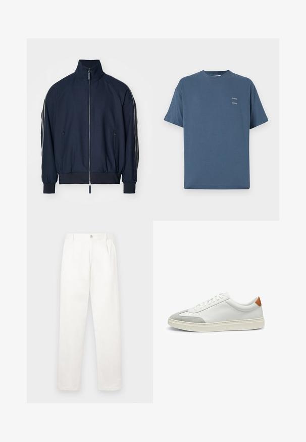 Giubbotto bomber blu navy con colletto alto, chiusura con zip, tasche laterali e strisce bianche a contrasto lungo le maniche. Tessuto liscio.; T-shirt in cotone blu con collo rotondo classico, maniche corte, vestibilità rilassata e due piccoli loghi stampati sul petto. Texture liscia.; Pantaloni bianchi realizzati in tessuto liscio, con un design a gamba dritta, pieghe frontali e una chiusura a bottone singolo in vita.; Sneakers bianchi in pelle con accenti in suede grigio e un tallone in pelle beige. Presentano una superficie testurizzata e una suola leggera.