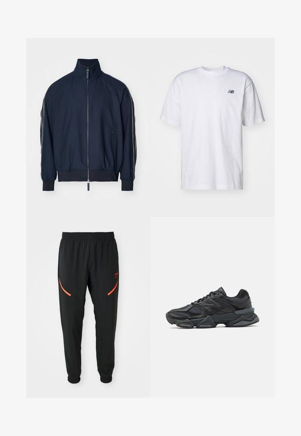 Námornícka modrá bomber bunda s vysokým golierom, zipsovým zapínaním, bočnými vreckami a kontrastnými bielymi pruhmi pozdĺž rukávov. Hladká textúra.; Biele tričko s krátkym rukávom a okrúhlym výstrihom s malým čiernym logom New Balance na ľavej hrudi na jednoduchom pozadí.; Čierne športové nohavice s elastickým pásom a manžetami, s šikmými červenými zipsovými vreckami a malým červeným textom značky na pravom stehne.; Čierna bežecká obuv so zmesou sieťoviny a syntetických materiálov, robustnou podrážkou, zakriveným dizajnom a výrazným logom na boku.