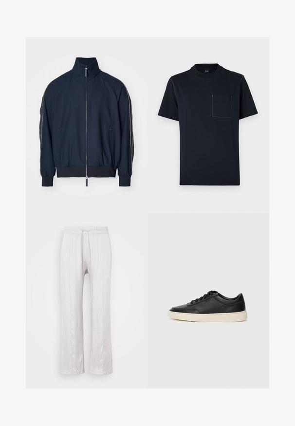 Mornarsko modra bomberska jakna z visokim ovratnikom, z zadrgo, stranskimi žepi in kontrastnimi belimi črtami vzdolž rokavov. Gladka tekstura.; Temno modra majica s kratkimi rokavi iz bombaža z okroglim izrezom in sprednjim žepom, ki ima kontrastne bele šive.; Svetlo sivi, široki hlače iz gladkega materiala z elastičnim pasom in vrvico. Ravne noge z diskretnimi pregibi, brez vidnih vzorcev.; Črne nizke usnjene teniske s črnimi vezalkami in svetlo belo podplatom, prikazane v stranskem profilu na beli podlagi.