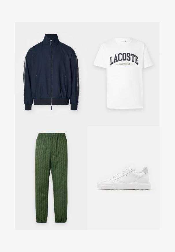 Marineblauwe bomberjack met hoge kraag, ritssluiting, zijzakken en contrasterende witte strepen langs de mouwen. Glad textuur.; Witte t-shirt van katoen met een marineblauw en olijfgroene "LACOSTE SPORTSWEAR" logo dat in een gebogen ontwerp over de borst is gedrukt.; Groene sportbroeken met een elastische tailleband, taps toelopende benen en een geometrisch patroon. Gemaakt van lichtgewicht materiaal.; Witte leren sneakers met een gladde afwerking, ronde neus, platte veters en een gestructureerde zool. Grijze suède accent bij de hiel.