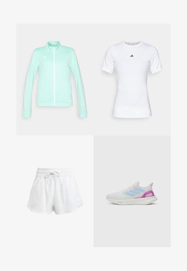 Helle minzgrüne Athletics-Jacke mit Reißverschluss, Stehkragen, langen Ärmeln und weißem Reißverschluss. Mit adidas-Logo auf der oberen linken Seite.; Weißes Sportshirt mit kurzen Ärmeln, aus glattem, dehnbarem Stoff. Mit kleinem schwarzem Adidas-Logo auf der Brust.; Weiße Sportschorts mit elastischem Bund und einstellbarem Kordelzug. Hergestellt aus leichtem Material, mit seitlichen Taschen und lockerer Passform.; adidas Performance PUREBOOST 5 - Laufschuh Straße - white/glow blue/purple burst
