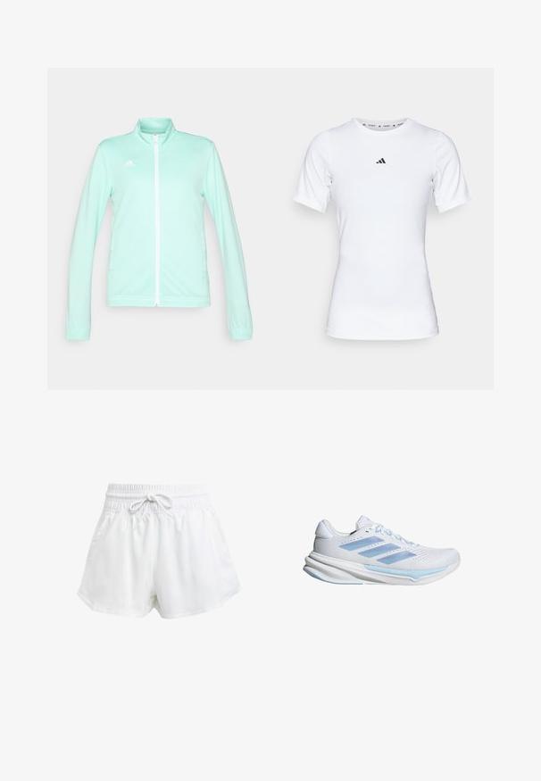 Licht mintgroene zip-up sportjack met een staande kraag, lange mouwen en een witte rits. Bevat het adidas-logo aan de bovenste linkerzijde.; Witte sportshirt met korte mouwen, gemaakt van zachte, rekbare stof. Voorzien van een klein zwart Adidas-logo op de borst.; Witte sportieve shorts met een elastische tailleband en verstelbaar trekkoord. Gemaakt van lichtgewicht materiaal, met zijzakken en een losse pasvorm.; Witte hardloopschoenen met lichtblauwe accenten, ademend mesh bovenwerk, drie-stripes ontwerp, gevoerde zool en getextureerde tractiezool.