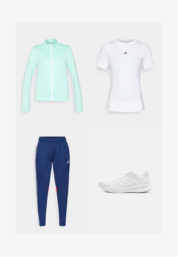 Ljus mintgrön zip-up träningsjacka med ståndkrage, långa ärmar och vit dragkedja. Har adidas-logotypen på övre vänstra sidan.; Vit idrottströja med korta ärmar, tillverkad i ett slätt, stretchigt material. Har en liten svart Adidas-logotyp på bröstet.; Marinblå joggingsbyxor med vita sidostråkar, elastisk midja och röda accenter vid fållen. Tillverkade av ett slätt, lätt material.; Vita sportskor gjorda av nätmaterial, med en snygg design, rund tå, strukturerad klack och tre ränder på utsidan.