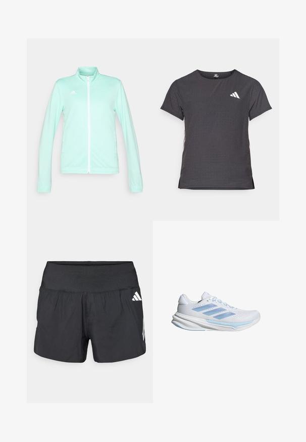 Helle minzgrüne Athletics-Jacke mit Reißverschluss, Stehkragen, langen Ärmeln und weißem Reißverschluss. Mit adidas-Logo auf der oberen linken Seite.; Kurze Ärmel Sport-T-Shirt, dunkelgrau mit durchbrochener Textur. Enthält ein weißes Logo und kontrastierende Seitenstreifen. Runder Ausschnitt.; Schwarze Sportshorts mit einem breiten elastischen Bund, leichtem Stoff und weißen Logoakzenten an der unteren Seite.; Weiße Laufschuhe mit hellblauen Akzenten, atmungsaktives Mesh-Obermaterial, Drei-Streifen-Design, gepolsterte Sohle und strukturierte Traktionslaufsohle.