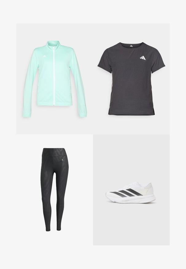 Jaqueta atlética de zíper verde menta claro, com gola levantada, mangas longas e zíper branco. Apresenta o logótipo da adidas no lado superior esquerdo.; T-shirt atlético de mangas curtas, cinza escuro com textura perfurada. Apresenta um logo branco e riscas laterais contrastantes. Decote arredondado.; Leggings pretos com um padrão de zebra tonal, cintura alta, textura suave e um logo da Adidas no quadril esquerdo. Confeccionados em tecido elástico.; Shoe atlético branco com riscas diagonais pretas, parte superior em malha, bico arredondado e sola texturizada. Os destaques incluem um calcanhar prateado e um design minimalista.