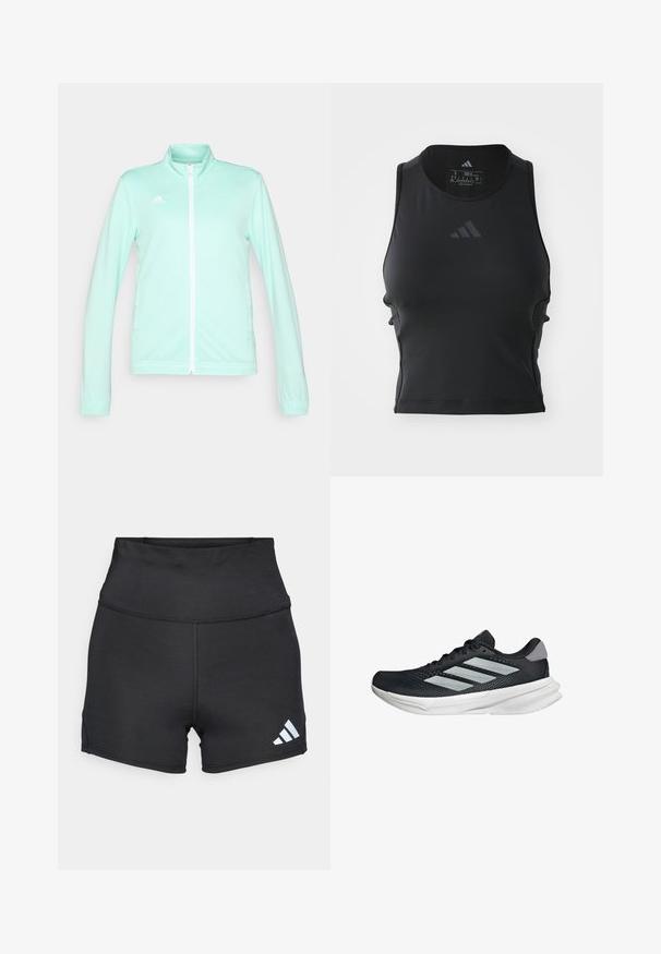 Chaqueta deportiva de color verde menta clara con cremallera, cuello alto, mangas largas y cremallera blanca. Presenta el logo de adidas en la parte superior izquierda.; Top fitness negro corto, hecho de una tela suave y elástica; cuenta con un escote redondo y un pequeño logo reflectante en la parte delantera.; adidas Performance Leggings - black; Zapatilla de correr negra con parte superior de malla, tres franjas plateadas, media suela blanca y suela texturizada. Incluye un cuello acolchado y cierre de cordones.