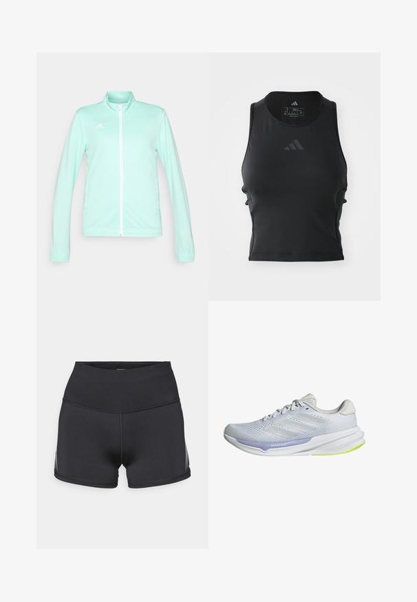 Licht mintgroene zip-up sportjack met een staande kraag, lange mouwen en een witte rits. Bevat het adidas-logo aan de bovenste linkerzijde.; Zwarte, cropped fitness tanktop gemaakt van soepel, rekbaar materiaal; beschikt over een ronde halslijn en een klein, reflecterend logo op de voorkant.; Zwarte sportkorte broek met een hoge tailleband, gemaakt van rekbare stof. Voorzien van witte zijstrepen en flatlocknaden voor comfort.; Witte sportschoen met een ademende mesh bovenkant, een gemêleerd ontwerp en lavendelkleurige accenten. Heeft een gevoerde zool met groene details op de buitenzool.