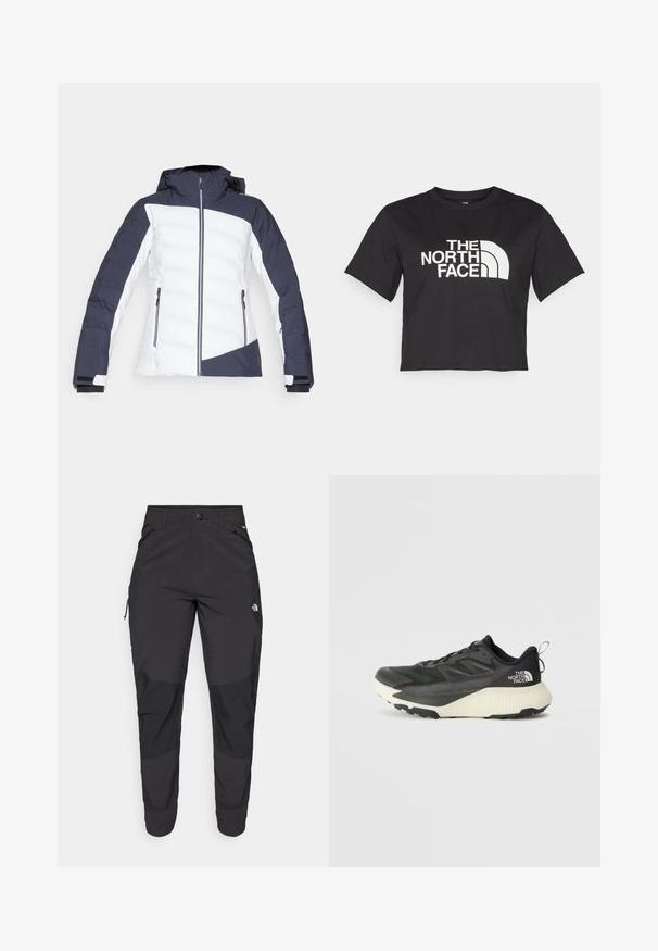 Μαλακή καπιτονέ ζακέτα σε ναυτικό μπλε και λευκό, με κλείσιμο φερμουάρ, κουκούλα και τσέπες στο πλάι με φερμουάρ. Ο σχεδιασμός περιλαμβάνει γεωμετρικό σχέδιο με μπλοκ χρώματος.; Μαύρο κοντό μπλουζάκι φτιαγμένο από βαμβάκι, με λευκό λογότυπο με καμπυλωτές λεπτομέρειες και κείμενο "THE NORTH FACE" στο μπροστινό μέρος. Κοντά μανίκια, στρογγυλή λαιμόκοψη.; Μαύρο παντελόνι εξωτερικού χώρου από ανθεκτικό ύφασμα. Διαθέτει τσέπες με φερμουάρ, ενισχυμένα πάνελ γόνατος και ευθεία κοπή για ελευθερία κινήσεων.; Μαύρο αθλητικό παπούτσι με υφή στο επάνω μέρος, διαθέτει γκρι λεπτομέρειες και λευκή ενδιάμεση σόλα. Περιλαμβάνει ετικέτα έλξης και έντονο λογότυπο μάρκας στη φτέρνα.