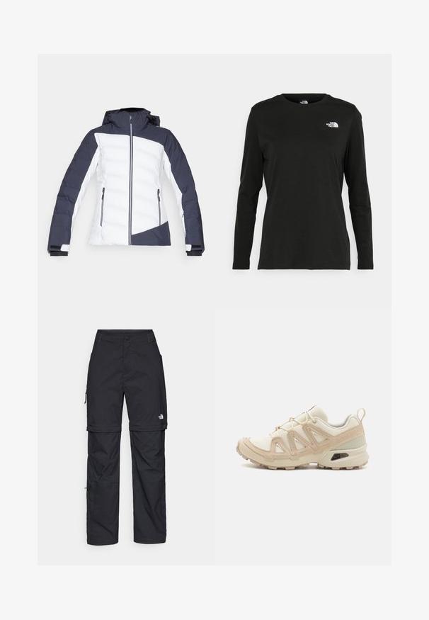 Padded jacket w kolorze granatowym i białym, z zamkiem błyskawicznym, kapturem i kieszeniami bocznymi na zamek. Projekt zawiera geometryczny wzór w kolorowych blokach.; Czarna koszulka z długim rękawem z bawełny z okrągłym dekoltem. Posiada niewielkie białe logo po lewej stronie na piersi. Prosty design i fason.; Czarne nylonowe spodnie cargo z odpinanymi nogawkami, regulowanymi mankietami, wieloma kieszeniami oraz logo na prawej nogawce. Gładka, lekka tekstura.; Beżowe i kremowe buty sportowe z teksturowanej siateczki, wspierającymi nakładkami oraz gumową podeszwą z wzorem bieżnika zapewniającym przyczepność.