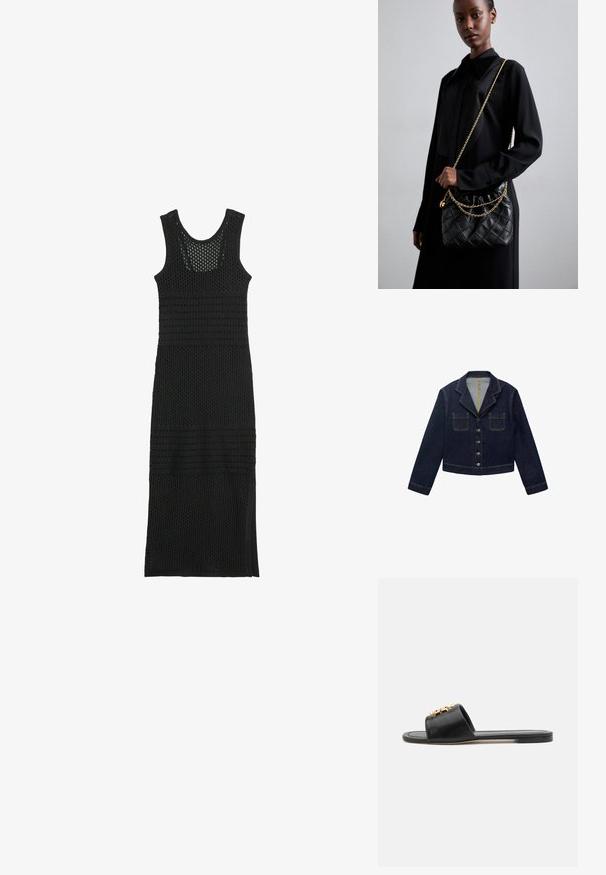 Mörkblå denimjacka med slagkrage, två framfickor och knäppning. Har synlig sömnad och en kortad design.; Svart virkade maxi-klänning med rund halsringning, som har öppna stickade sektioner och horisontella band. Längd till mitten av vaden med sidoöppningar.; Svarta lädersandaler med öppen tå, platt sula och en dekorativ guldfinish på ovandelen. Slät textur med minimalistisk design.; Svart vadderad läderhandväska med en samlad topp, guldkedjeslinga och rektangulär form, hålls mot en enkel bakgrund.
