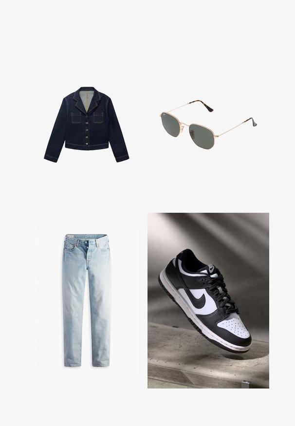 Tmavě modrá džínová bunda s klopeným límcem, dvěma předními kapsami a zapínáním na knoflíky. Obsahuje viditelné švy a zkrácený střih.; Bílá krátká tričko s krátkým rukávem vyrobené z měkké bavlny, s kulatým výstřihem a raglánovými rukávy, s uvolněným, rovně střiženým stykem bez vzorů.; Světle modré denimové džíny s rovnými nohavicemi, dvě přední kapsy a dvě zadní kapsy. Obsahují dvouknoflíkový zip a jemné prošívání.; Černobílé tenisky Nike Dunk Low s koženým svrškem, perforovanou špičkou a černými tkaničkami, s bílou podrážkou a akcenty loga.; Sluneční brýle s kovovým zlatým rámem a tmavě zelenými skly, styl aviatorek, s úzkými obroučkami a želvovinovými akcenty na špičkách.