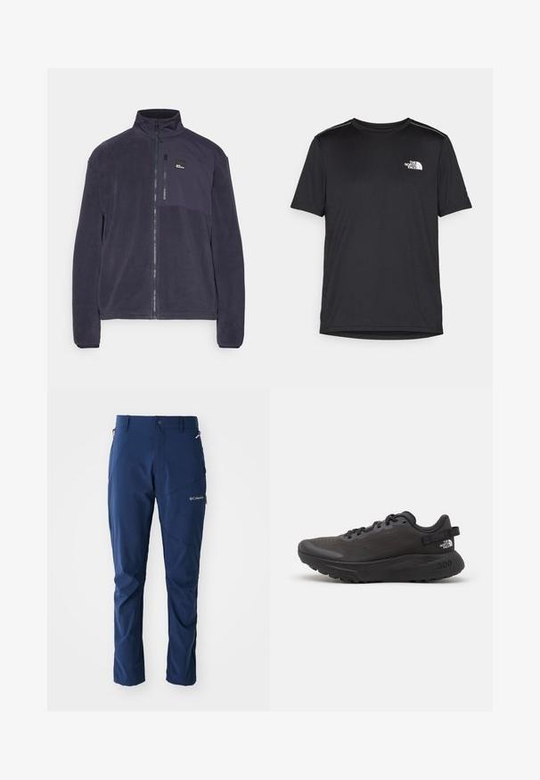 Navy fleece jacket with a full zip, high collar, and a chest pocket; features a soft texture and a logo patch on the upper left side.; Black short-sleeve T-shirt made from lightweight fabric. Features a small white logo on the left chest and subtle shoulder accents.; Columbia COLUMBIA TECH™ PANT - Outdoor trousers - collegiate navy; Black athletic shoe with mesh upper, padded collar, and rubber sole. Features textured design and branding on the heel. Lightweight construction.