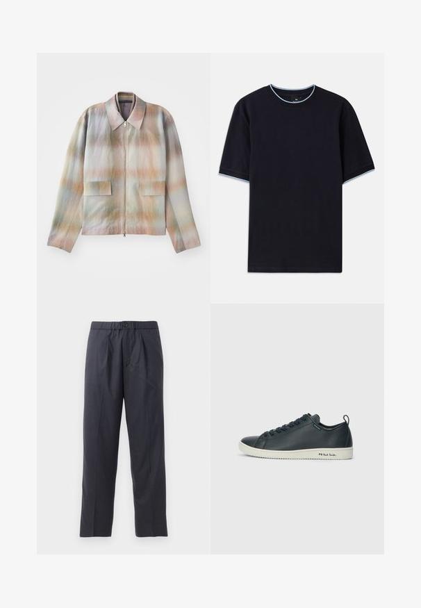 Giacca con zip frontale e colletto strutturato, caratterizzata da un motivo a gradiente pastello, due tasche posteriori e un tessuto morbido e leggermente strutturato.; T-shirt a maniche corte di colore blu scuro con scollo rotondo, caratterizzato da dettagli azzurri al colletto e sulle maniche. Realizzato in morbido tessuto di cotone.; Pantaloni scuri in navy realizzati in tessuto morbido, con design a pieghe frontali e vita elastica. Presentano una chiusura con bottone e un taglio dritto.; Sneaker in pelle blu scuro con finitura liscia, punta arrotondata, allacciatura con sei occhielli e suola in gomma bianca a contrasto. Caratterizzato da un logo sul lato.